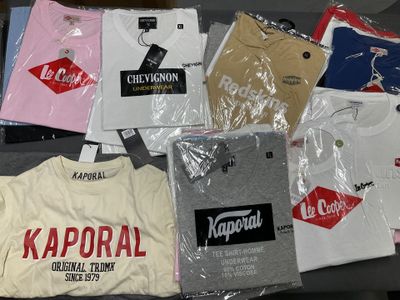 a lot of t - shirts that are on a table
