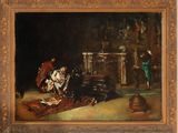 an image of a painting of a woman reading a book on a rug