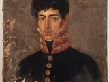 portrait d'un jeune homme vêtu d'un manteau noir et d'une écharpe rouge