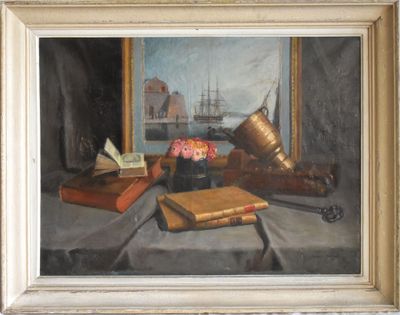 un tableau représentant un vase de fleurs et des livres posés sur une table
