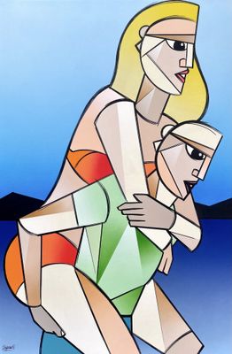 a painting of a woman carrying a child on her back