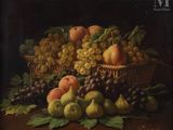 tableau représentant des fruits dans un panier avec des figurines, des pêches, des raisins et des figurines posées sur une table