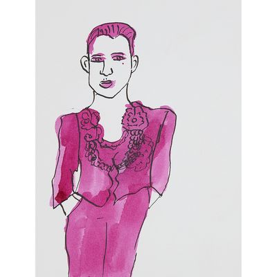 un dessin représentant une femme en robe rose, portant un collier autour du cou