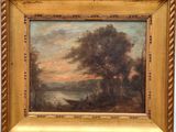 an oil painting of a landscape with trees and a river in the background