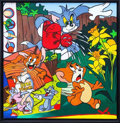 tableau encadré représentant un chat et d'autres personnages de dessins animés dans un jardin