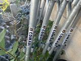 four baseball bats that are leaning against a wall