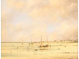painting of a beach scene with boats in the distance by person
