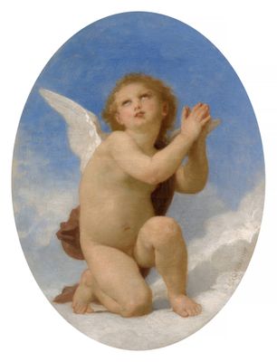 une image représentant un ange agenouillé sur un nuage