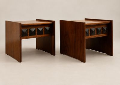 pair of mid - century walnut side tables with glass inserts