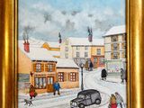 une peinture à l'huile représentant une scène de rue avec une voiture au premier plan