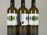 three bottles of olive oil sit on a white surface
