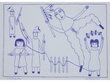 an image of a drawing of a man on a horse being pulled by a woman