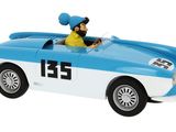 the toy car is blue and white with a man in a yellow shirt