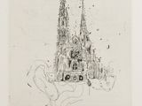 an image of a drawing of a church with a bird flying over it