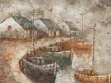 un tableau représentant des bateaux dans un port, avec des maisons en arrière-plan