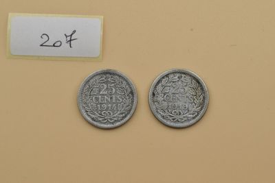 Pays Bas. 25 Cents Ag. 1914 et 1919 3,59 et 3,53 g.