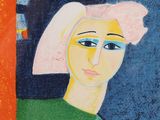 an image of a painting of a woman with a pink hat