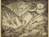 une image représentant un dessin en noir et blanc de montagnes et d'arbres