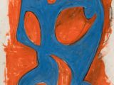 painting of a blue and orange abstract figure on a white background