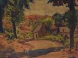 a painting of a dirt road with houses in the background