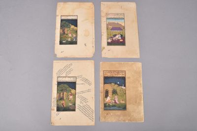 four cards with pictures of people and animals on them on a table