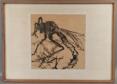 tableau représentant un cheval avec un insecte sur le dos, dans un cadre en bois