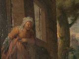 an old painting of a woman leaning on a window ledge