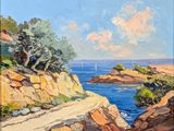 une peinture à l'huile représentant une vue de l'océan depuis une falaise