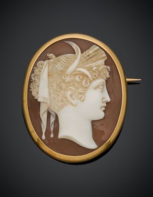 un gros plan sur la tête d'une femme représentée sur une broche en coquillage sculpté