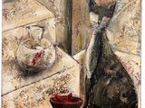 a painting of a cat sitting on a ledge next to a bowl of fish