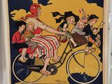 affiche représentant une femme à vélo avec des enfants à l'arrière