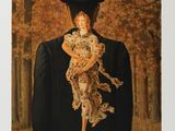 une image représentant un tableau où l'on voit un homme coiffé d'un chapeau tenant un bébé dans ses bras