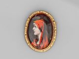 un portrait miniature représentant une femme portant un voile rouge
