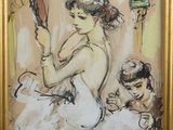 painting of a woman in a white dress holding a mirror and a child