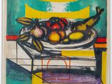 une peinture représentant une coupe de fruits sur une table