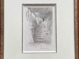 drawing of a stairway leading to a house in a wood frame