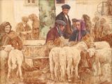 a painting of a group of people with sheep