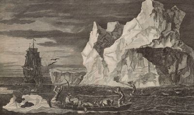 un dessin représentant un bateau sur l'eau, avec des icebergs en arrière-plan