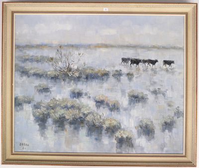 tableau représentant un troupeau de bovins traversant un champ enneigé