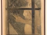 drawing of a woman looking out of a window with a cat on her shoulder
