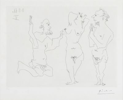dessin représentant trois nus alignés, dont l'un tient une fleur à la main