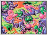 tableau représentant un groupe de personnages de dessins animés sur un fond multicolore