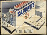 une affiche représentant une partie de dominos, sur laquelle figure une boîte de dominos
