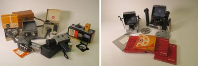 two pictures side by side of a camera and some other items