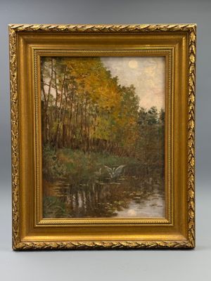 a painting of a river scene with trees and water in a gold frame