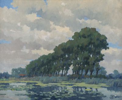 peinture représentant un paysage avec des arbres et un plan d'eau au premier plan