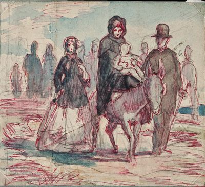 an image of a drawing of a man riding a horse with a woman on it