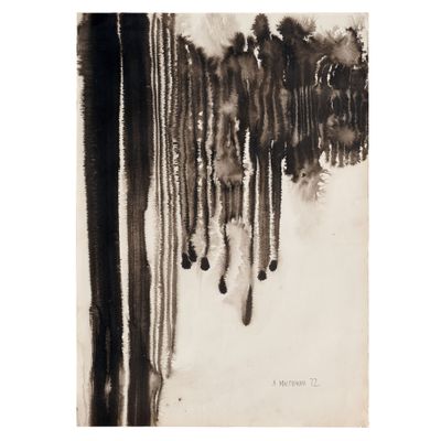 a black and white painting of a group of trees in the snow