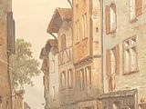 un tableau représentant une scène de rue avec des passants