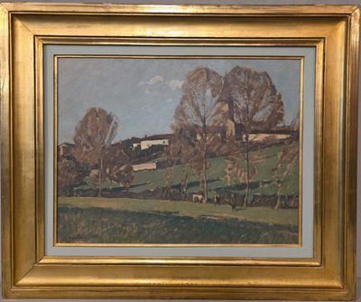 une image représentant un tableau représentant un paysage avec des arbres et une maison au loin